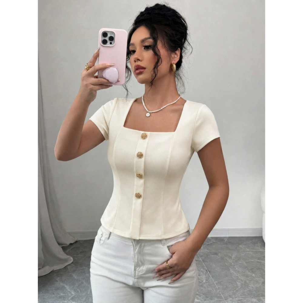 ZARA Elegant Summer Stylish Square Neck Short Sleeve Casual Button Shirt